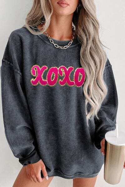 XOXO Sequin Round Neck Dropped Shoulder Sweatshirt - Trendsi - Flyclothing LLC
