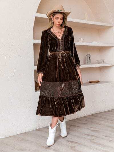 Drawstring V-Neck Crochet Dress - Trendsi - Flyclothing LLC