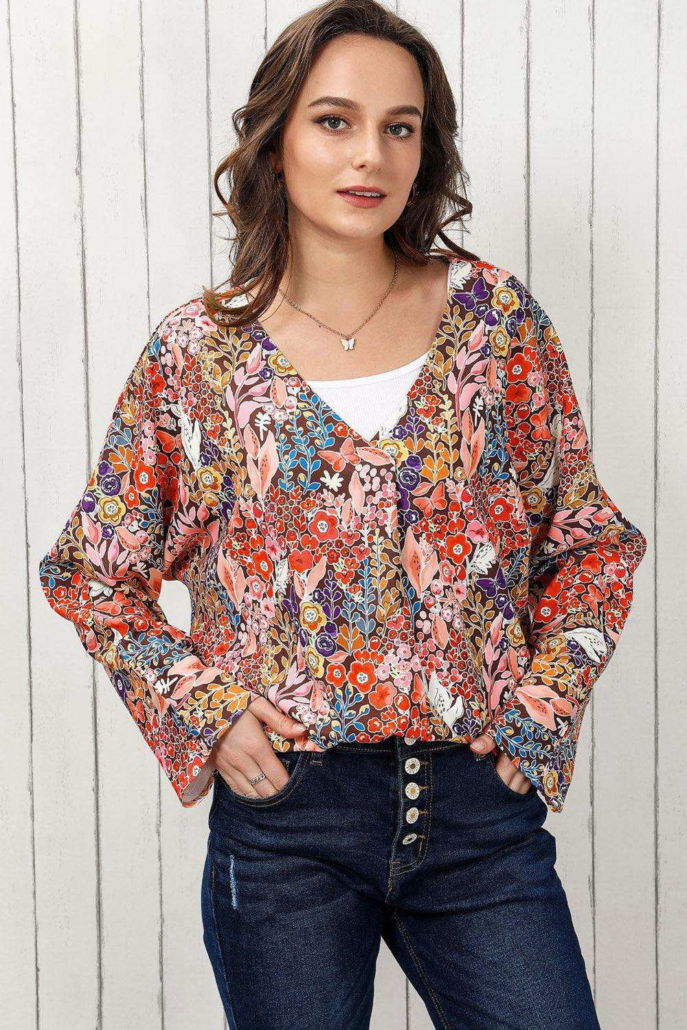 Floral V-Neck Long Sleeve Blouse - Trendsi - Flyclothing LLC