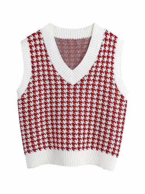 Houndstooth V-Neck Sweater Vet - Trendsi - Flyclothing LLC