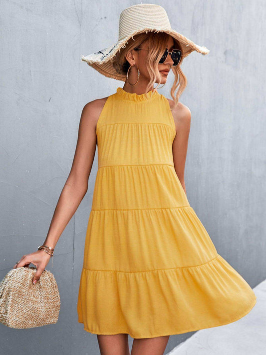 Tie Back Mock Neck Tiered Dress - Trendsi - Flyclothing LLC