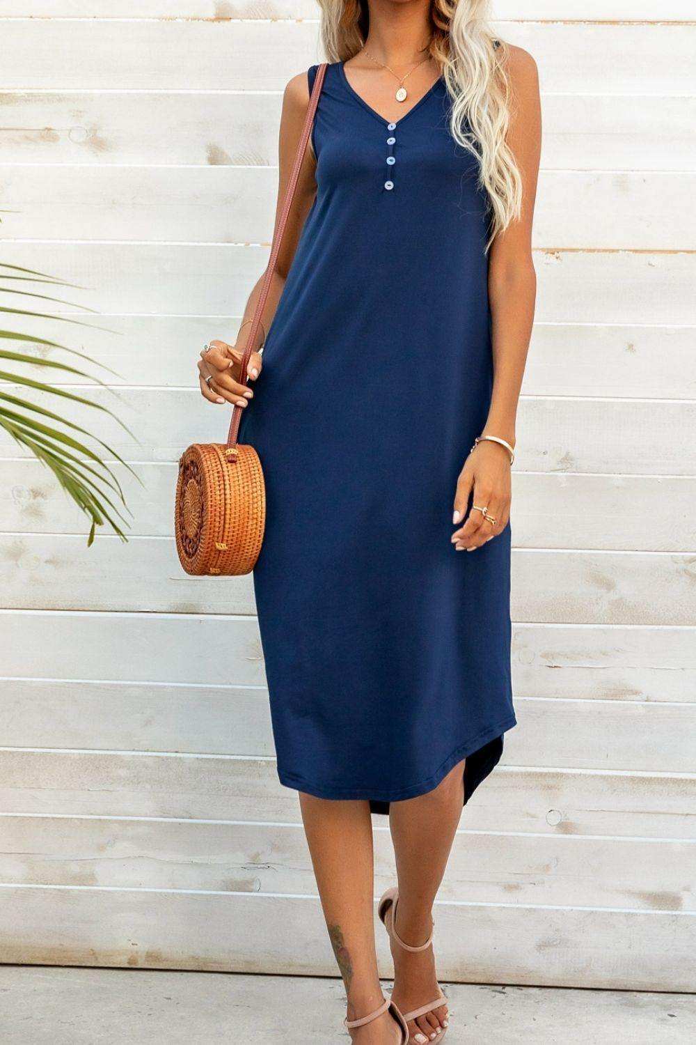 Buttoned V-Neck Curved Hem Sleeveless Dress - Trendsi - Flyclothing LLC