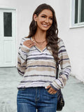 Striped V-Neck Long Sleeve T-Shirt - Trendsi - Flyclothing LLC