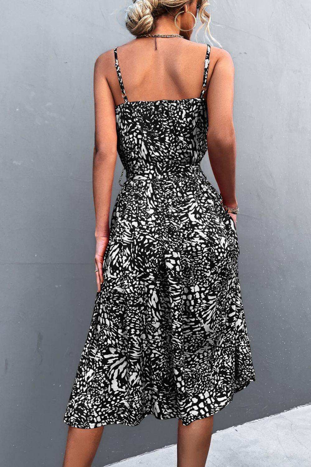 Printed Spaghetti Strap Decorative Button Belted Dress - Trendsi - Flyclothing LLC