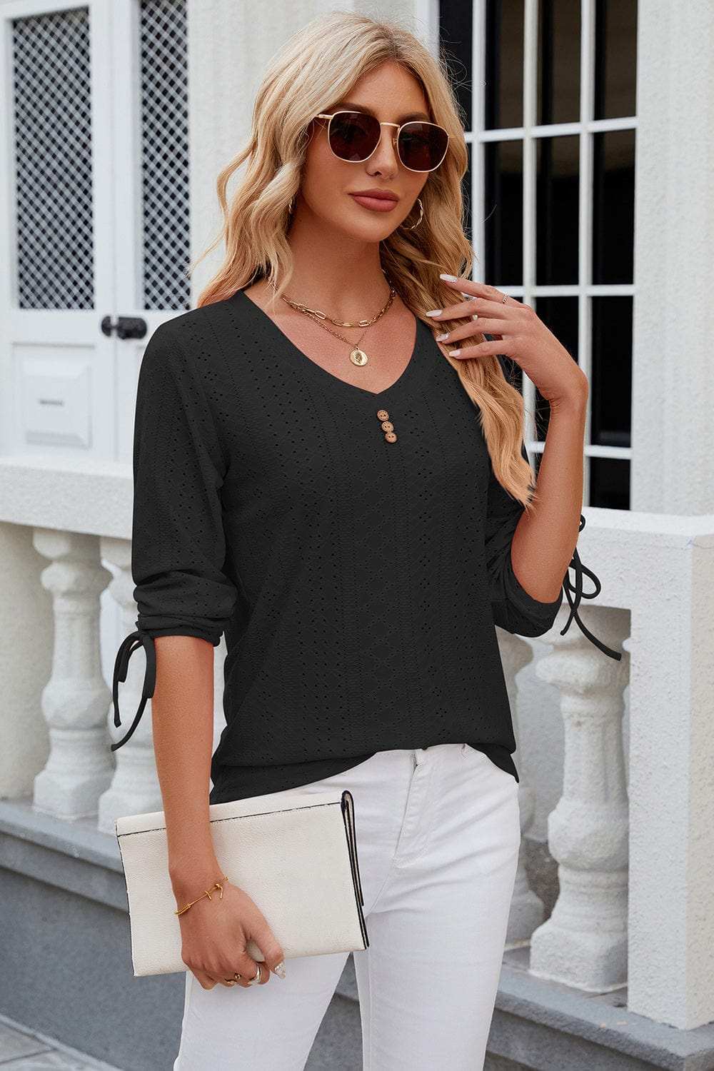 Eyelet Drawstring V-Neck Half Sleeve T-Shirt - Trendsi - Flyclothing LLC