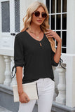 Eyelet Drawstring V-Neck Half Sleeve T-Shirt - Trendsi - Flyclothing LLC