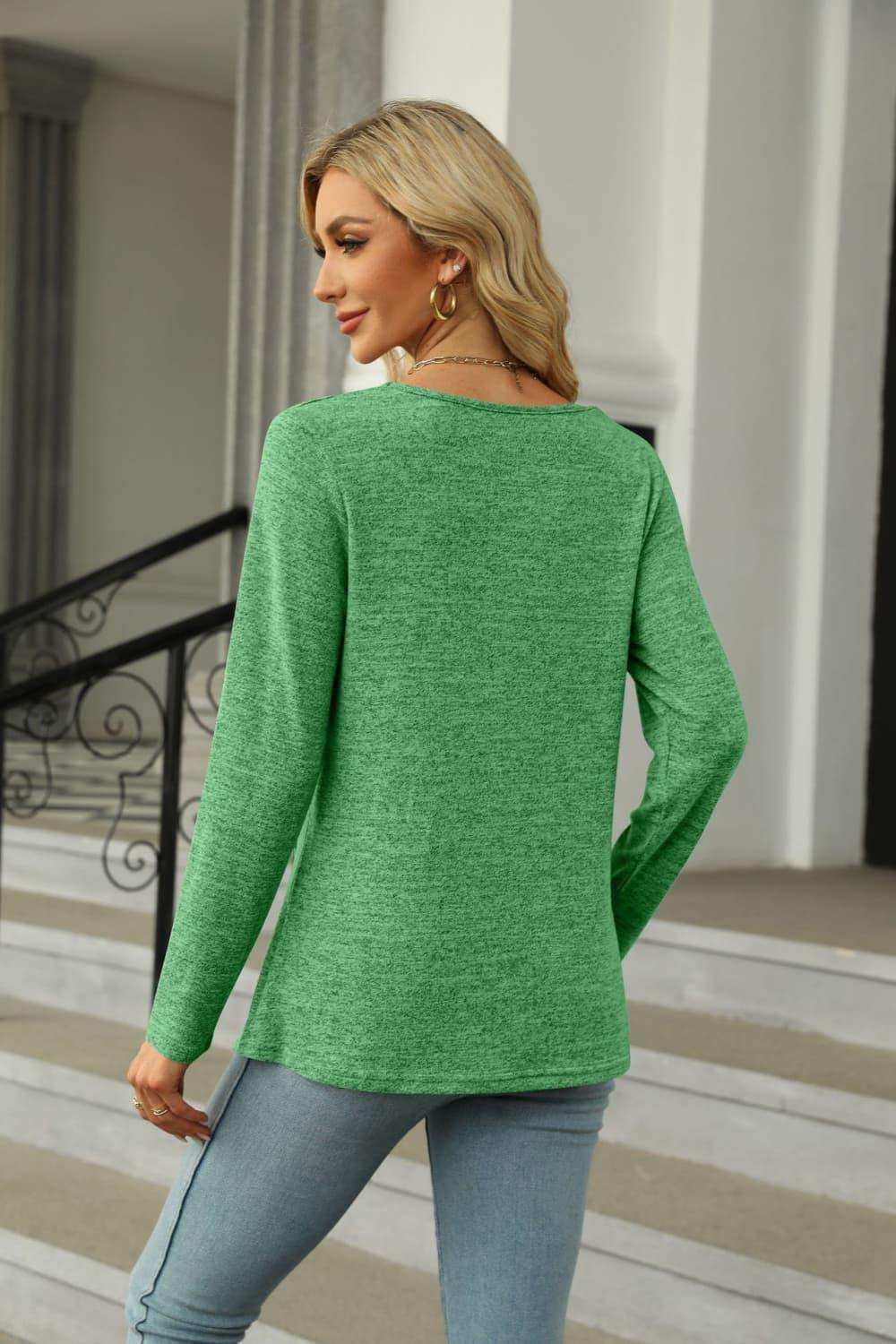 Square Neck Long Sleeve Slit T-Shirt - Trendsi - Flyclothing LLC