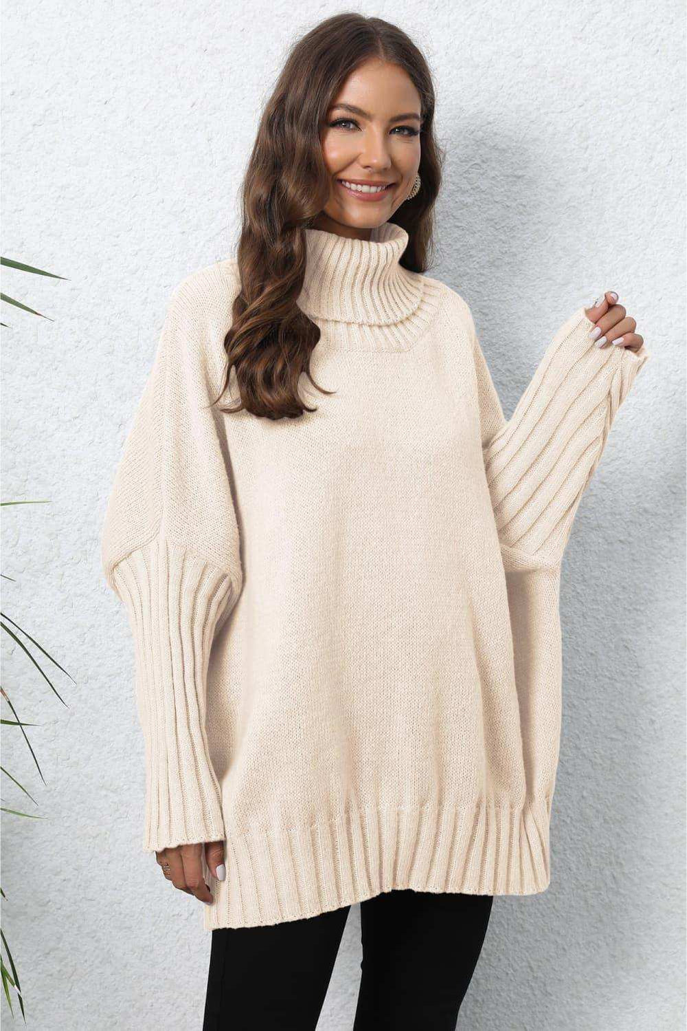 Turtle Neck Long Sleeve Ribbed Sweater - Trendsi - Flyclothing LLC