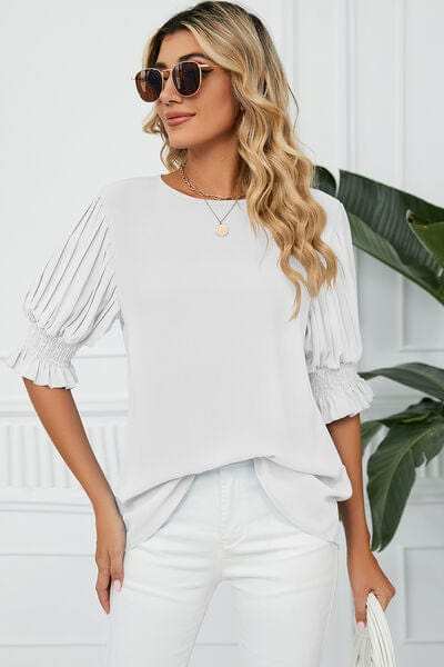 Frill Round Neck Lantern Sleeve T-Shirt - Trendsi - Flyclothing LLC