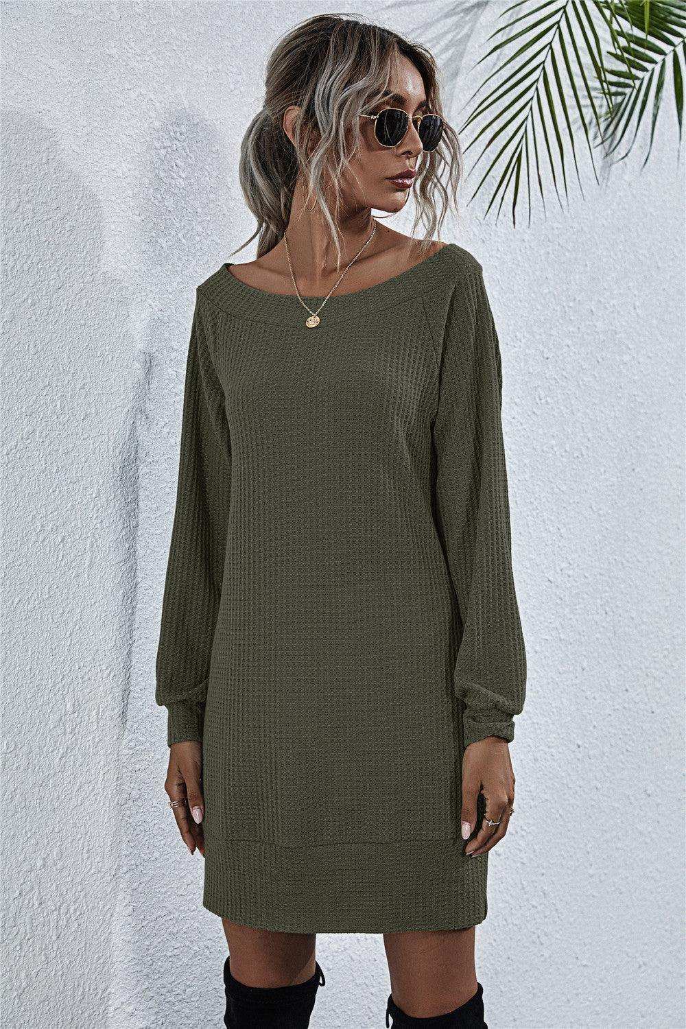 Waffle-Knit Boat Neck Mini Dress - Trendsi - Flyclothing LLC