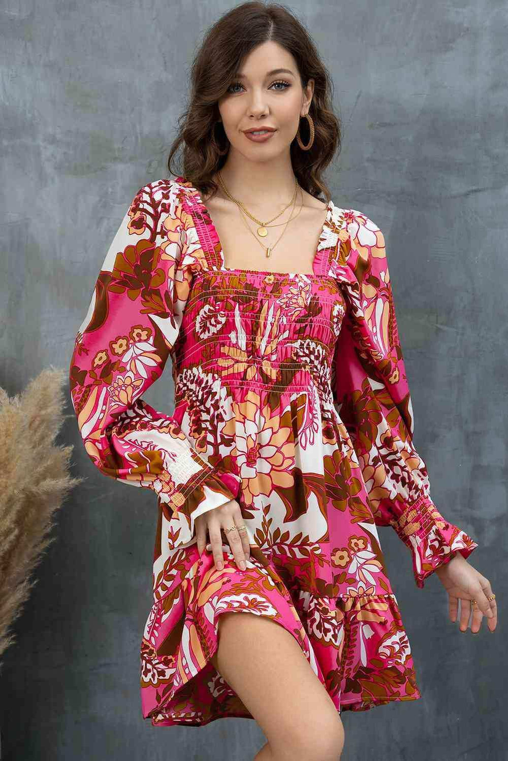 Floral Square Neck Flounce Sleeve Dress - Trendsi - Flyclothing LLC