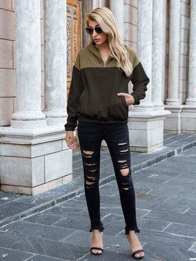 Pocketed Color Block Quarter Zip Hoodie - Trendsi - Flyclothing LLC