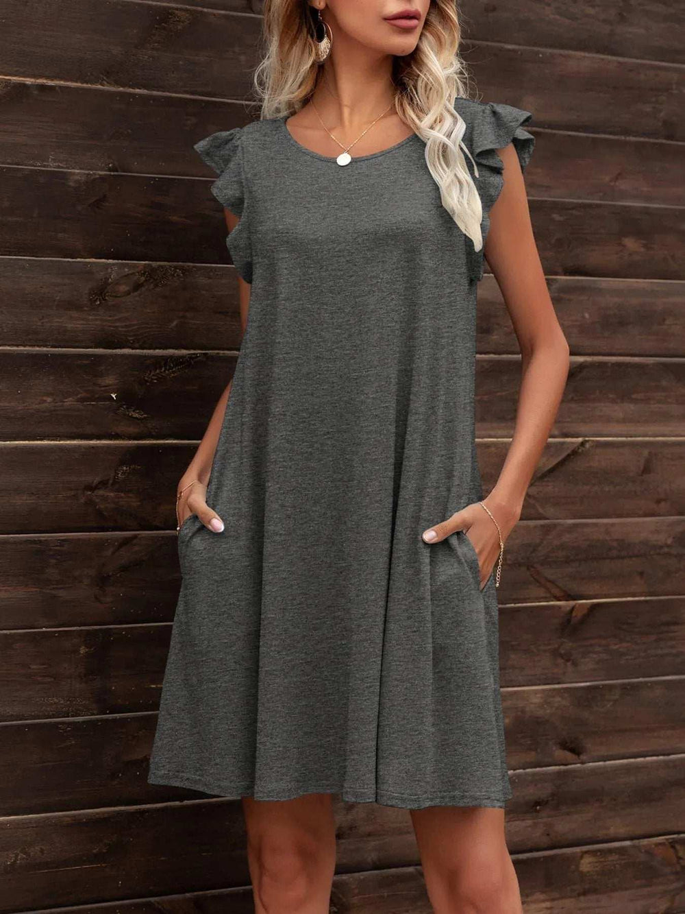 Round Neck Flutter Sleeve Dress with Pockets - Trendsi - Flyclothing LLC