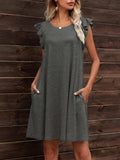 Round Neck Flutter Sleeve Dress with Pockets - Trendsi - Flyclothing LLC