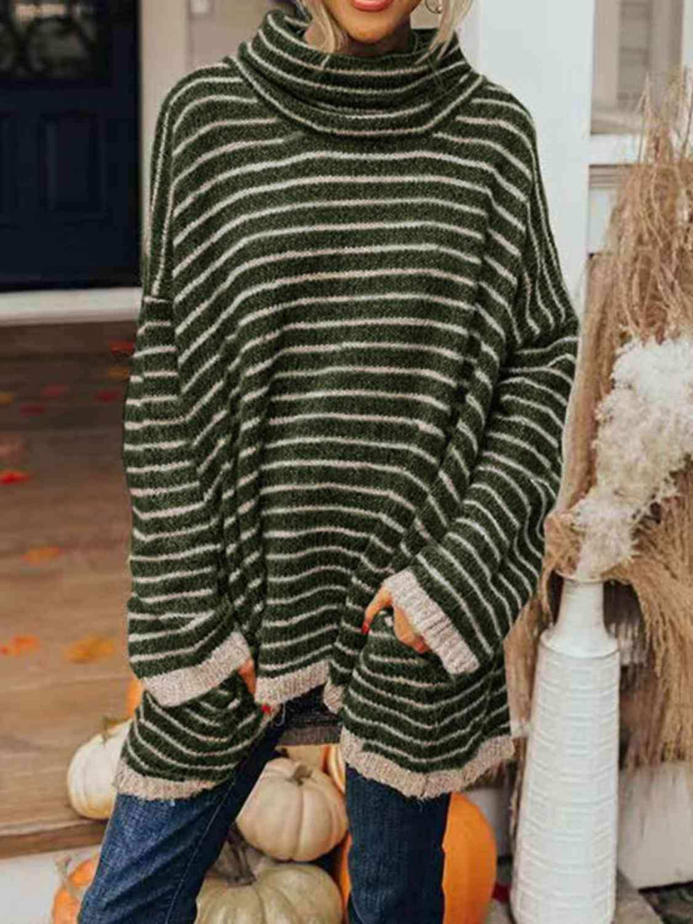 Striped Turtleneck Sweater with Pockets - Trendsi - Flyclothing LLC