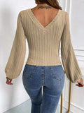 Cable-Knit V-Neck Long Sleeve Knit Top - Trendsi - Flyclothing LLC