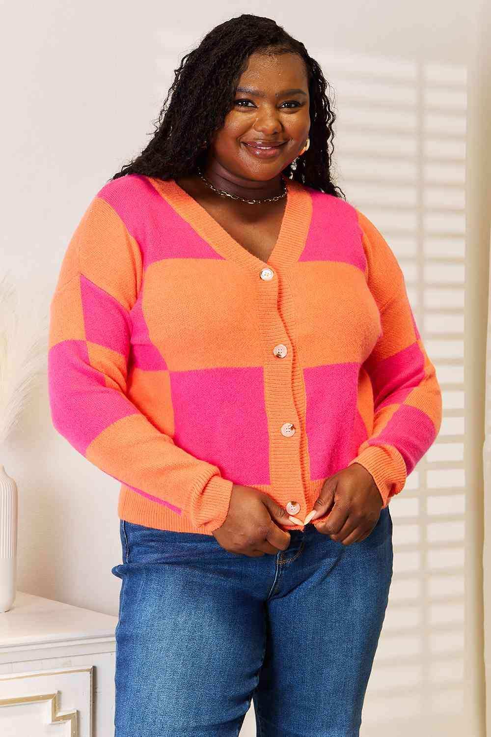 Woven Right Checkered V-Neck Dropped Shoulder Cardigan - Trendsi - Flyclothing LLC