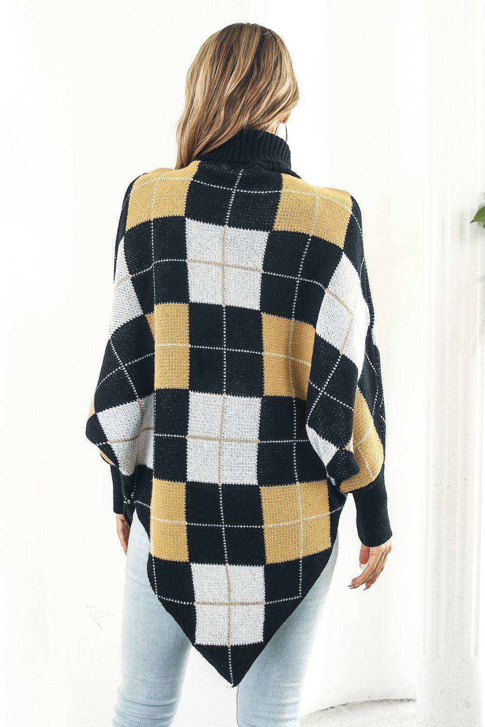 Plaid Turtleneck Dolman Sleeve Poncho - Trendsi - Flyclothing LLC