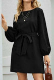 Tied Boat Neck Balloon Sleeve Mini Dress - Trendsi - Flyclothing LLC