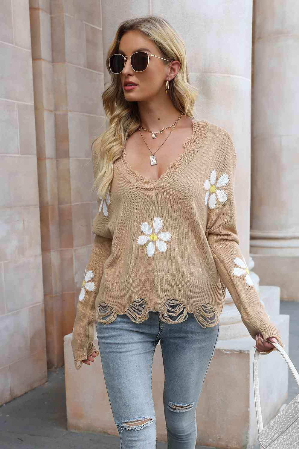 Flower Distressed Long Sleeve Sweater - Trendsi - Flyclothing LLC