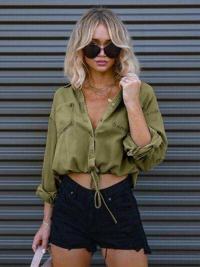 Drawstring Pocketed Button Up Denim Top - Trendsi - Flyclothing LLC