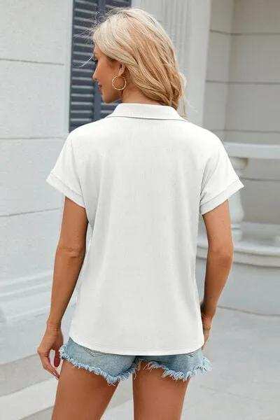 Johnny Collar Short Sleeve Blouse - Trendsi - Flyclothing LLC