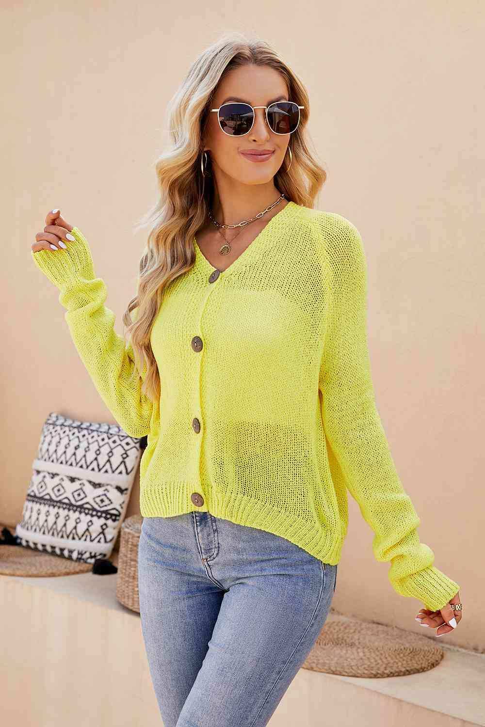 Button Up V-Neck Long Sleeve Cardigan - Trendsi - Flyclothing LLC