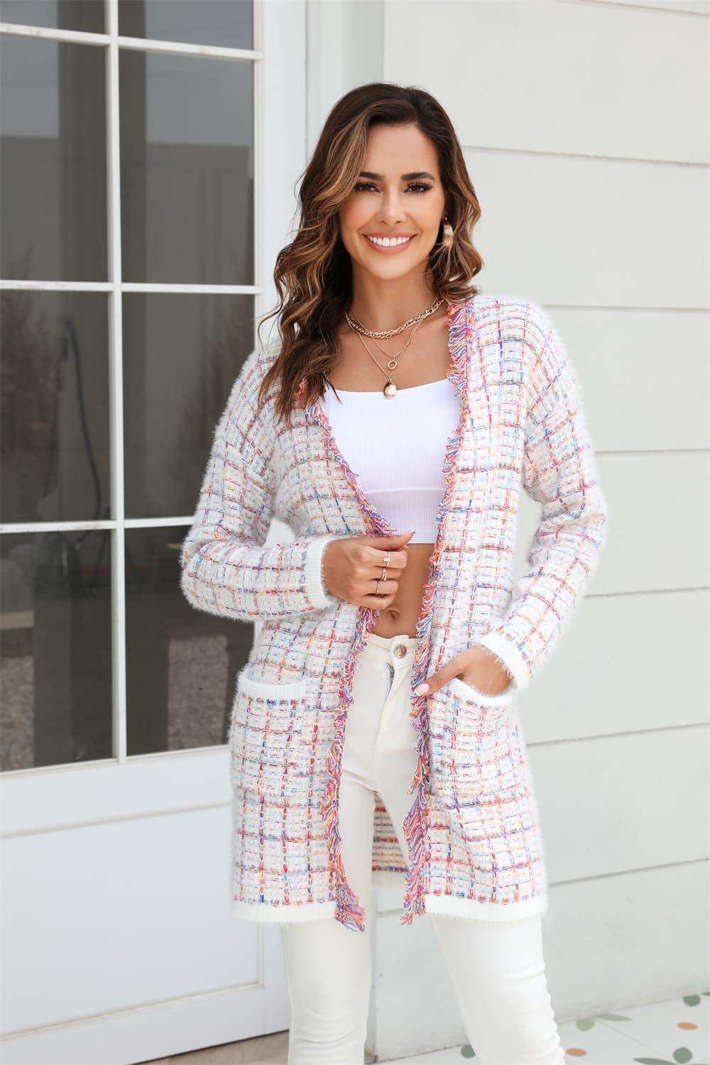 Plaid Fringe Trim Open Front Longline Cardigan - Trendsi - Flyclothing LLC