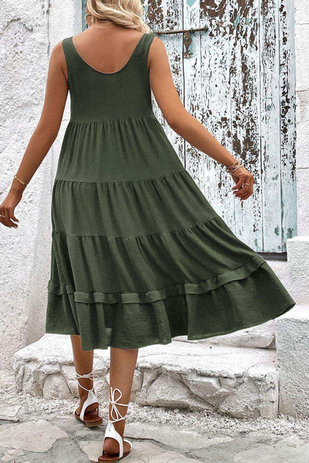 Decorative Button Scoop Neck Tiered Sleeveless Dress - Trendsi - Flyclothing LLC