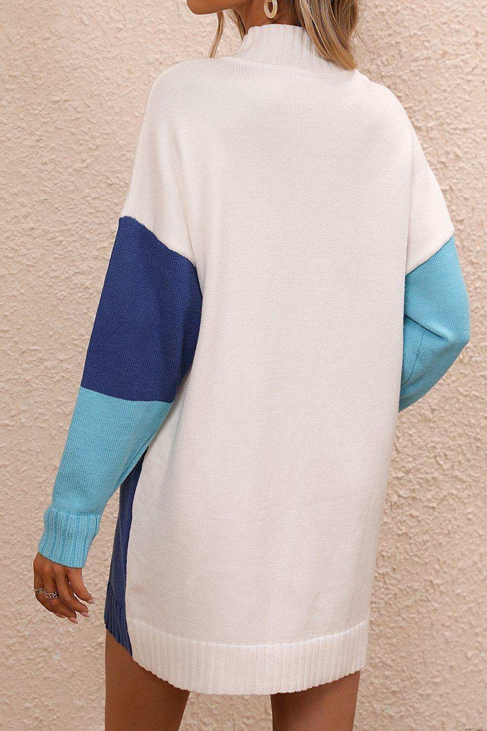 Color Block Mock Neck Dropped Shoulder Sweater Dress - Trendsi - Flyclothing LLC
