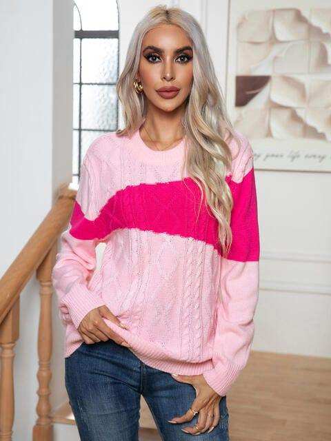 Color Block Cable-Knit Round Neck Sweater - Trendsi - Flyclothing LLC
