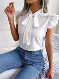 Tie Neck Cap Sleeve Blouse - Trendsi - Flyclothing LLC