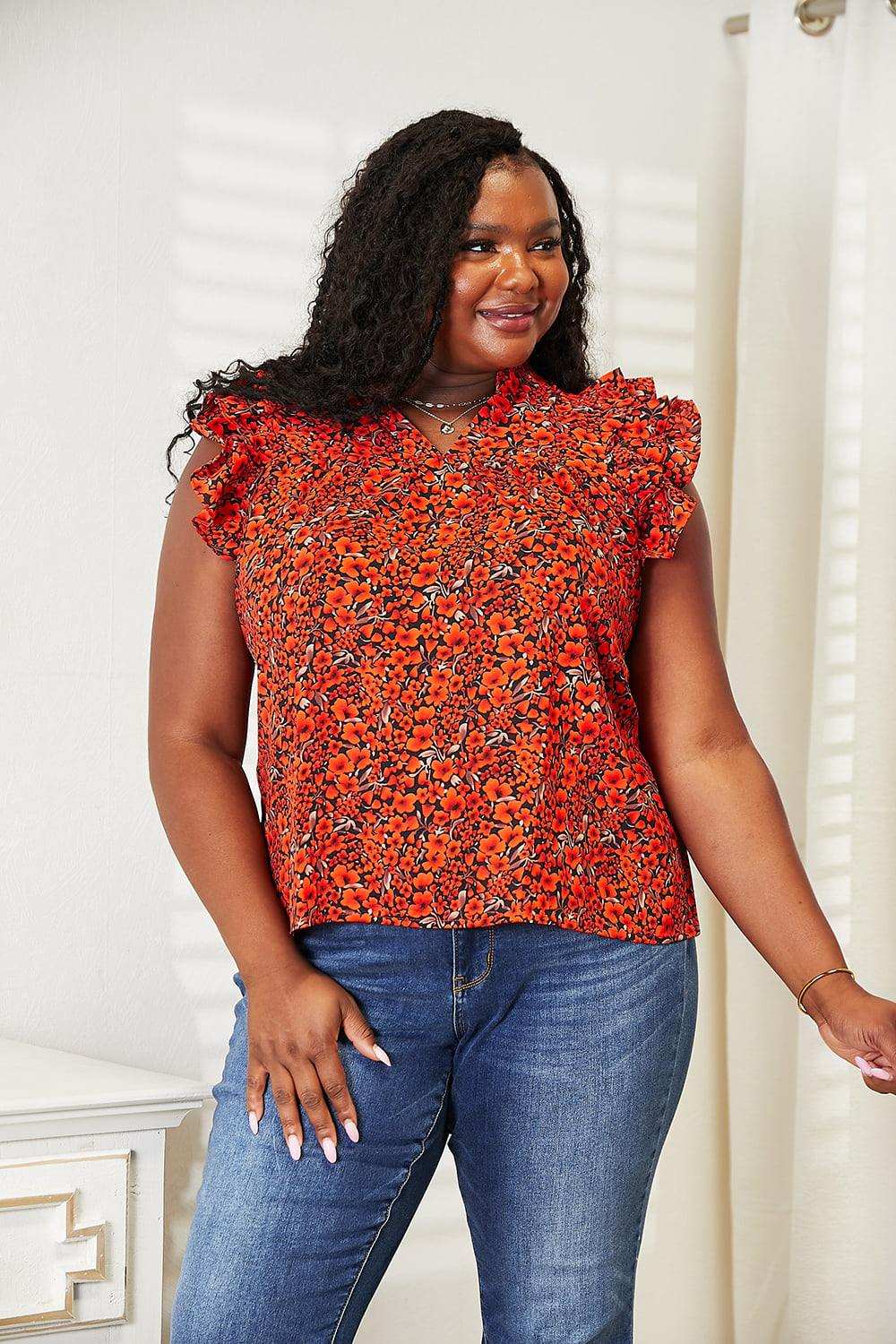 Double Take Floral Flutter Sleeve Notched Neck Blouse - Trendsi - Flyclothing LLC