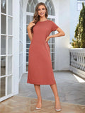 Round Neck Short Sleeve Slit Dress - Trendsi - Flyclothing LLC