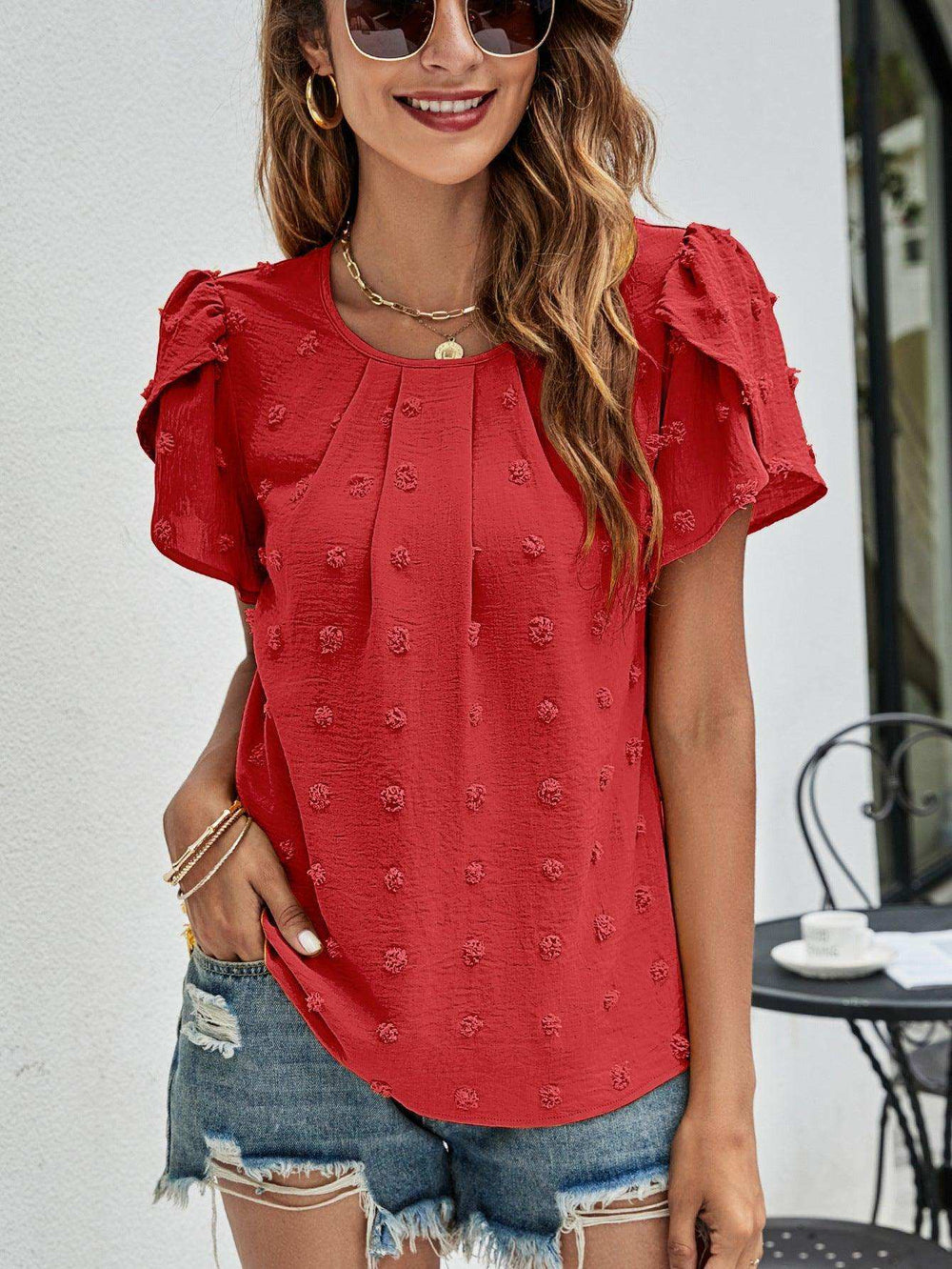 Swiss Dot Round Neck Petal Sleeve Top - Trendsi - Flyclothing LLC