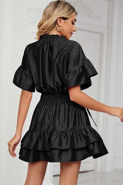 Smocked Tie Neck Flounce Sleeve Dress - Trendsi - Flyclothing LLC
