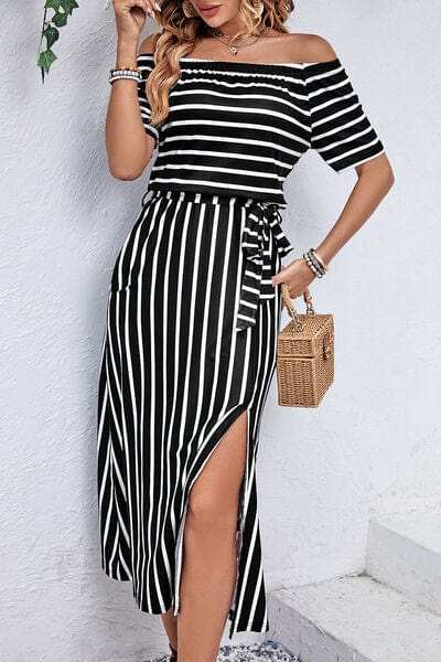 Slit Off-Shoulder Tie-Waist Midi Dress - Trendsi - Flyclothing LLC