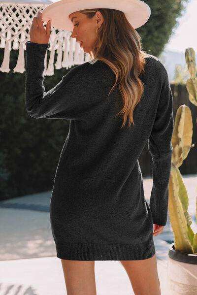 V-Neck Long Sleeve Mini Sweater Dress - Trendsi - Flyclothing LLC