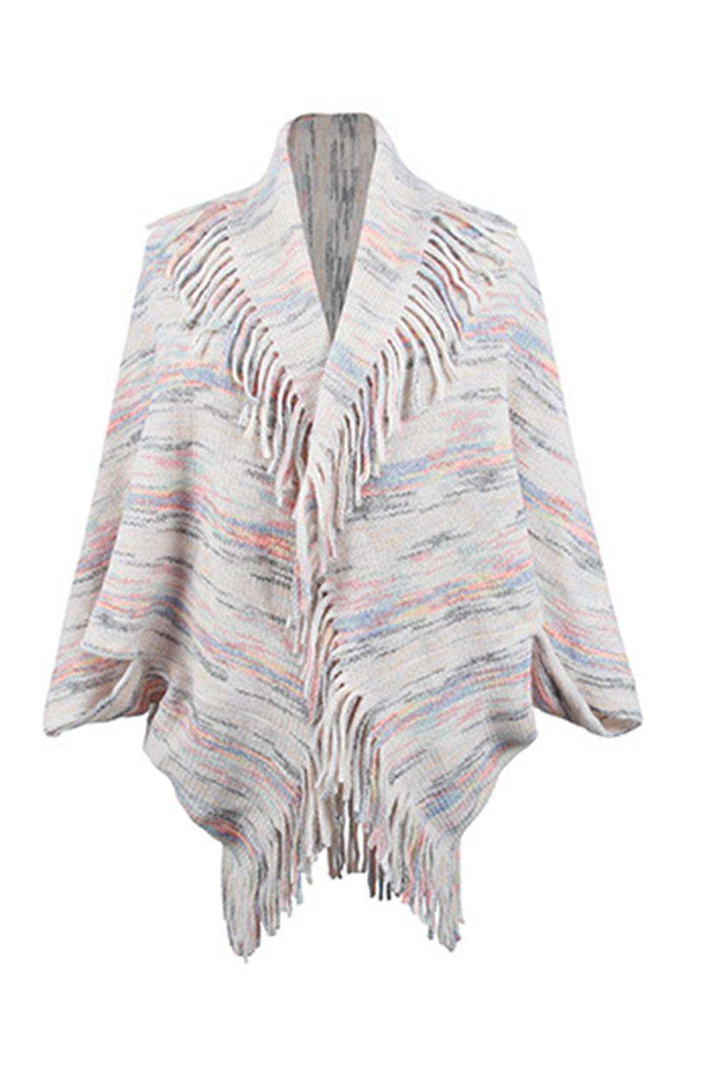 Fringe Detail Printed Poncho - Trendsi - Flyclothing LLC