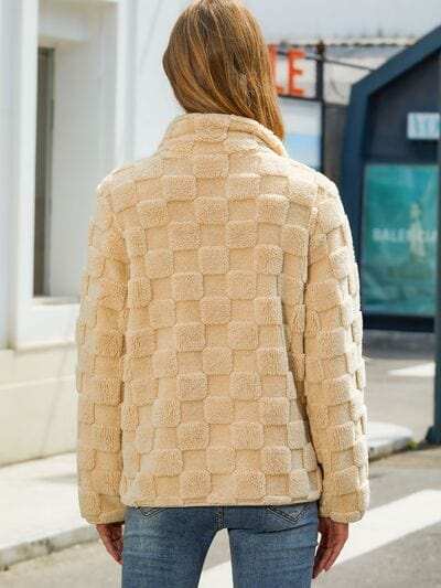 Fuzzy Checkered Zip Up Jacket - Trendsi - Flyclothing LLC