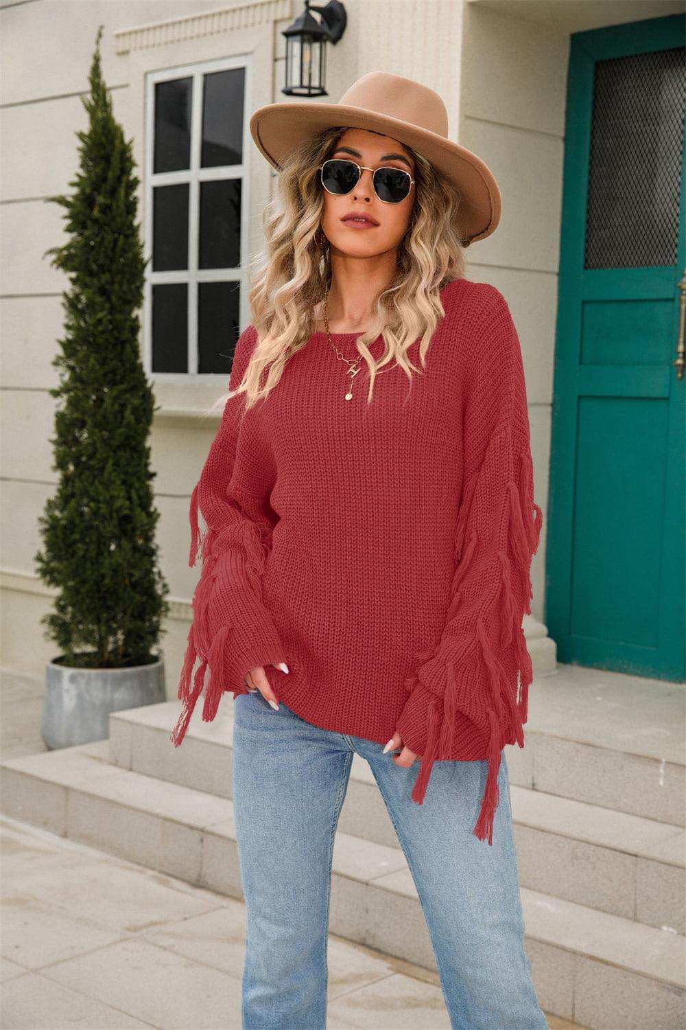 Ribbed Round Neck Fringe Detail Sweater - Trendsi - Flyclothing LLC
