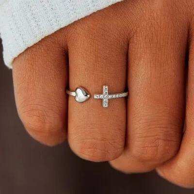 Heart Shape Cross Inlaid Zircon Open Ring - Trendsi - Flyclothing LLC