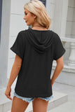Eyelet Drawstring Hooded Short Sleeve Blouse - Trendsi - Flyclothing LLC