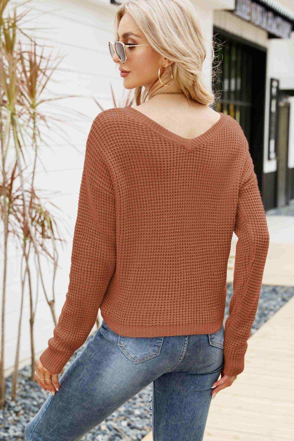 Waffle-Knit Drawstring Detail V-Neck Sweater - Trendsi - Flyclothing LLC