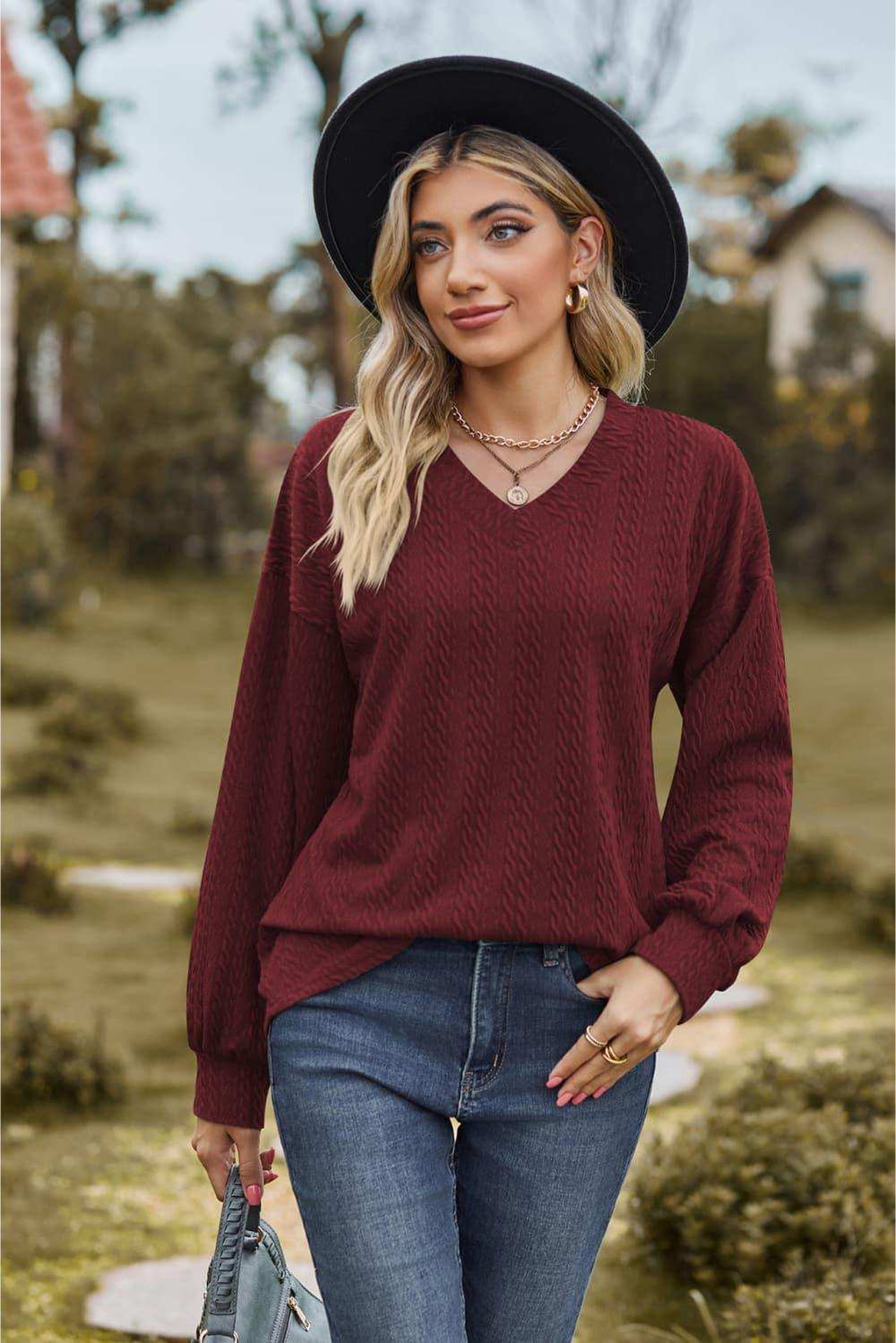 V-Neck Dropped Shoulder Blouse - Trendsi - Flyclothing LLC