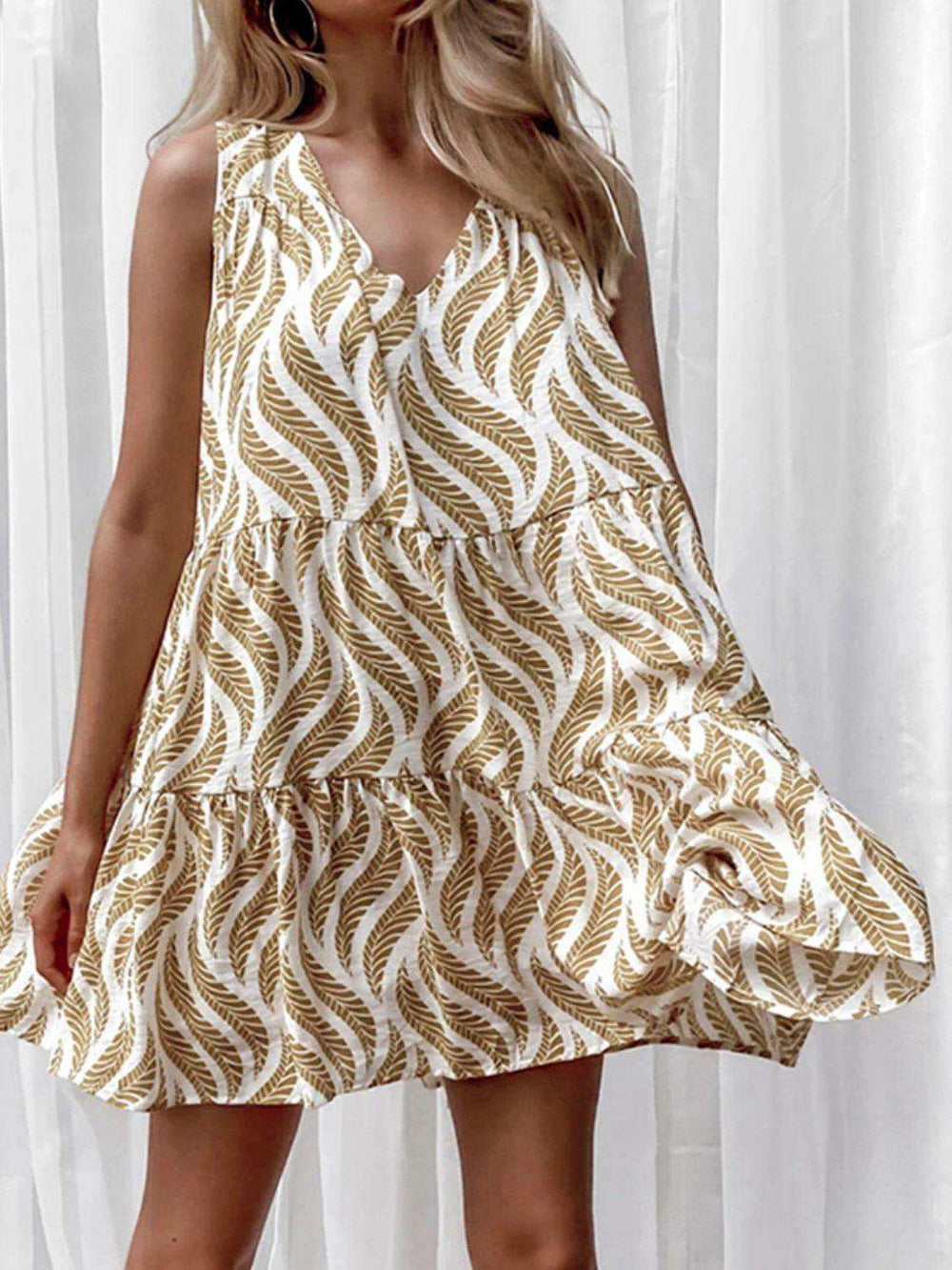 Printed V-Neck Sleeveless Mini Dress - Trendsi - Flyclothing LLC