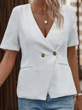 Two-Button Short Sleeve Pocket Blazer - Trendsi - Flyclothing LLC