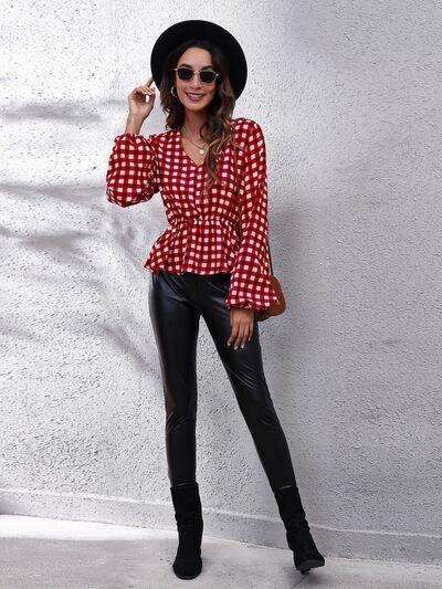 Plaid V-Neck Balloon Sleeve Peplum Blouse - Trendsi - Flyclothing LLC