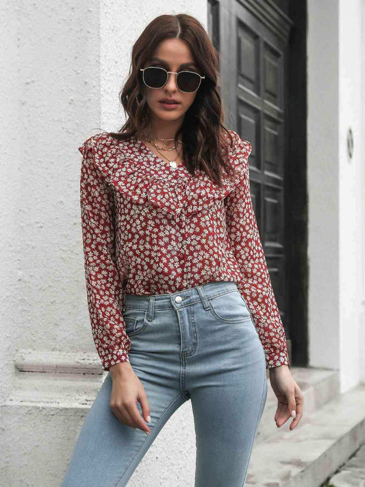 Printed Statement Collar Long Sleeve Blouse - Trendsi - Flyclothing LLC