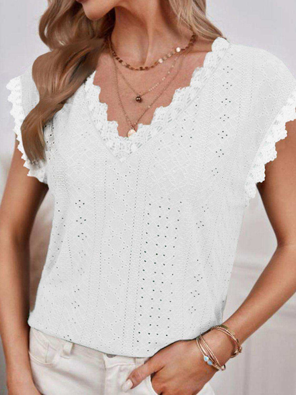 V-Neck Eyelet Short Sleeve Top - Trendsi - Flyclothing LLC